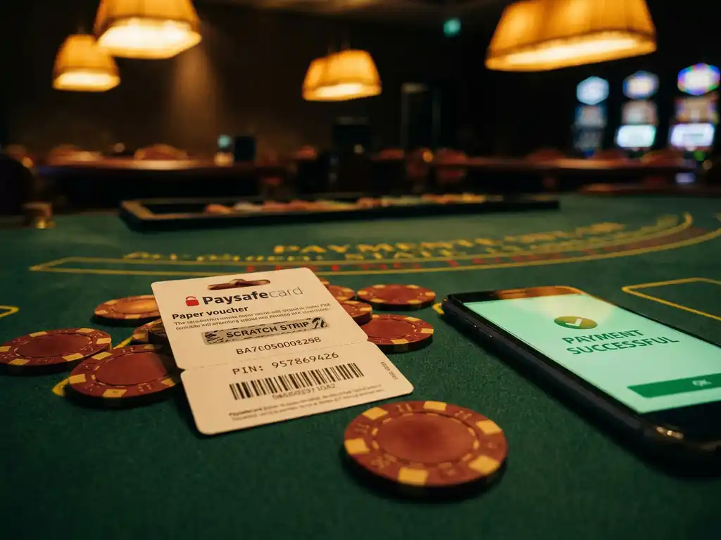 PaysafeCard-Gutschein auf grünem Casino-Filz neben roten und goldenen Pokerchips mit Smartphone-Zahlungsbestätigung im Hintergrund.
