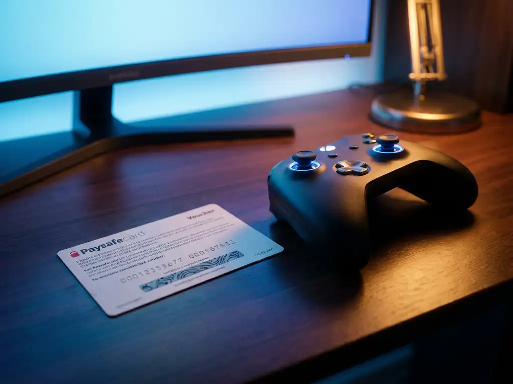 PaysafeCard-Gutschein neben einem Gaming-Controller auf dunklem Schreibtisch, beleuchtet von blauem Monitorlicht.