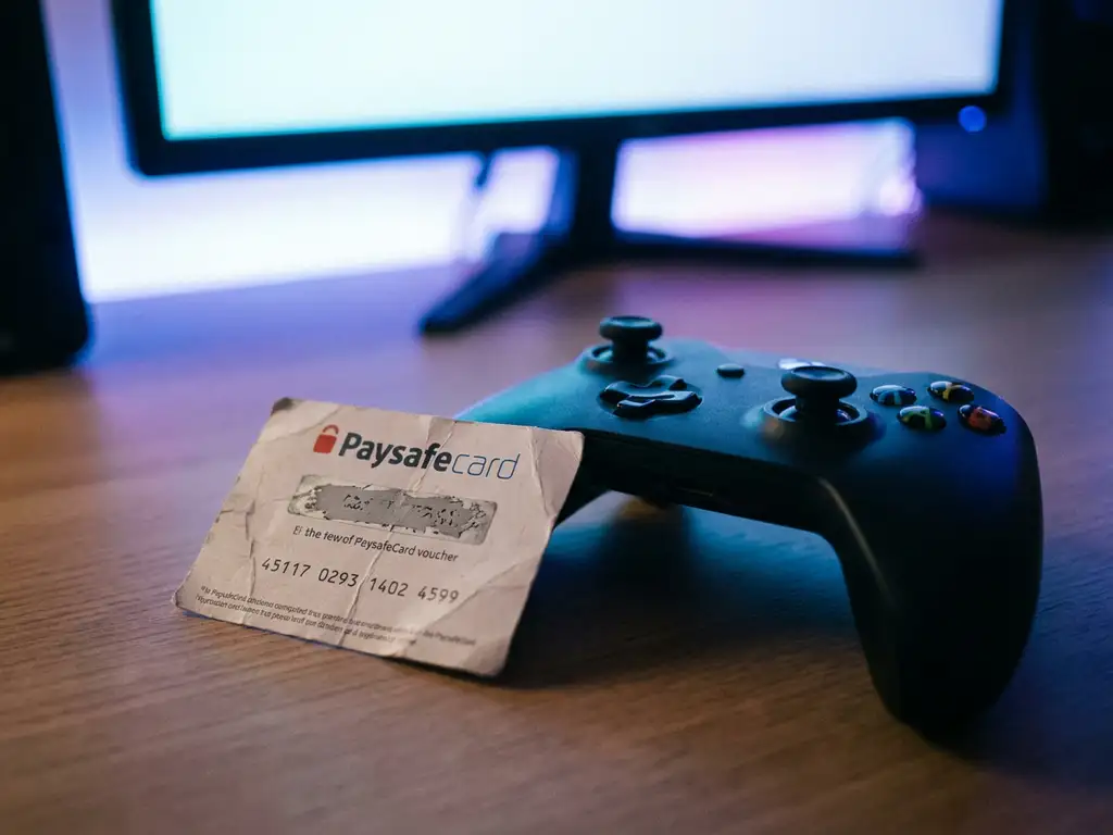 PaysafeCard-Gutschein neben einem Gaming-Controller auf modernem Schreibtisch, beleuchtet von blau-violettem Bildschirmschein.