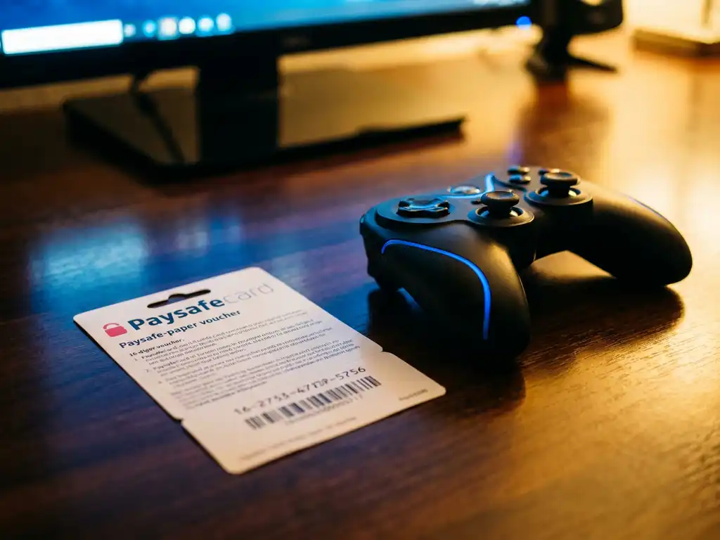 PaysafeCard-Gutschein neben Gaming-Controller auf dunklem Schreibtisch mit warmem Licht und Monitor-Reflexion im Hintergrund.