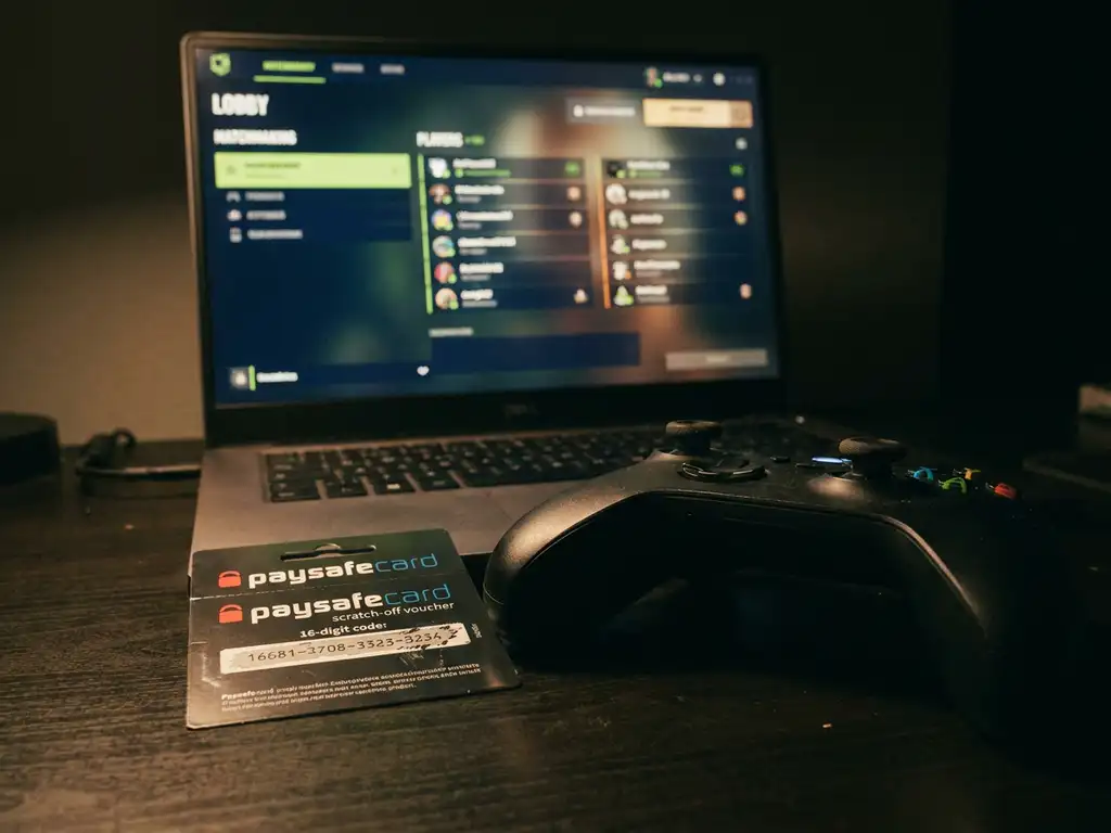 PaysafeCard-Gutschein neben einem Gaming-Controller auf dunklem Schreibtisch, Laptop mit Spiellobby im Hintergrund.