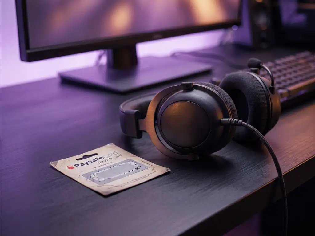 PaysafeCard-Guthabenkarte neben einem Gaming-Headset auf dunklem Schreibtisch mit violettem Monitorlicht im Hintergrund.