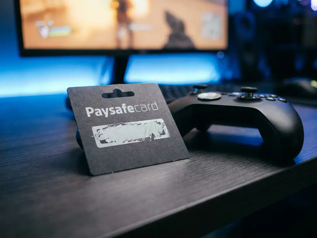 PaysafeCard-Gutschein auf einem Gaming-Schreibtisch neben einem Controller, beleuchtet von blauem Neonlicht und einem unscharfen Monitor im Hintergrund.