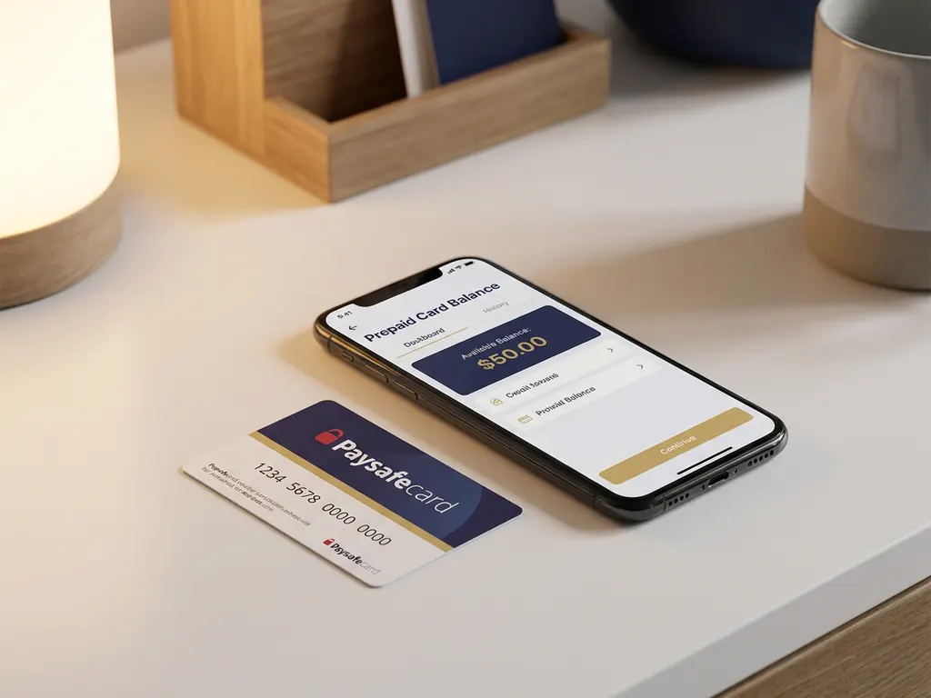 Smartphone mit Prepaid-Guthaben-Dashboard neben einer PaysafeCard auf weißem Schreibtisch, minimalistisches Finanz-Setup.