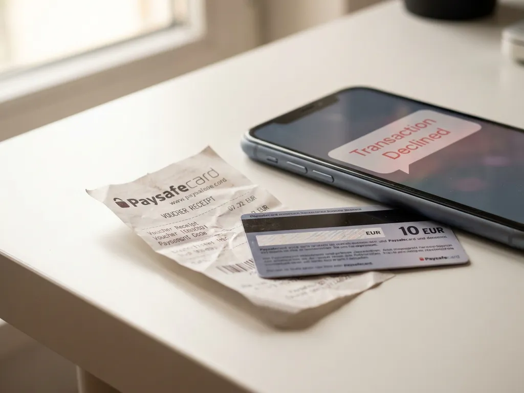 Zerknitterter PaysafeCard-Beleg neben einer gültigen Guthabenkarte auf weißem Schreibtisch, Smartphone zeigt abgelehnte Transaktion.