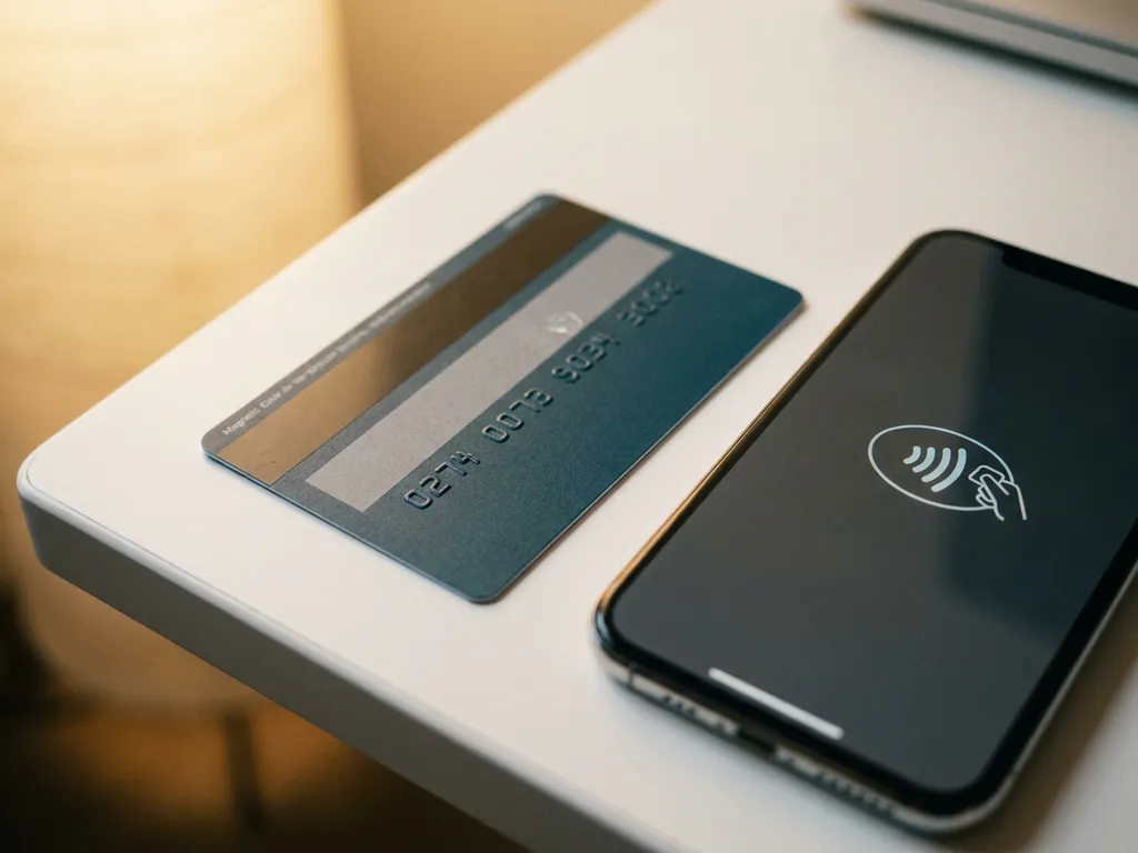 PaysafeCard-Gutschein neben einem Smartphone mit Google Pay-Oberfläche auf weißem Schreibtisch im warmen Licht.