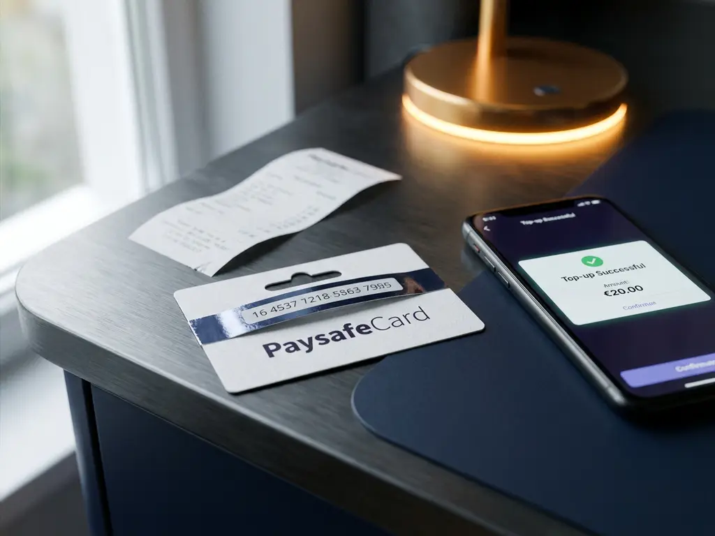 PaysafeCard-Gutschein auf modernem Schreibtisch neben Smartphone mit Auflade-Bestätigung, weißes Kassenbon-Papier, natürliches Fensterlicht.
