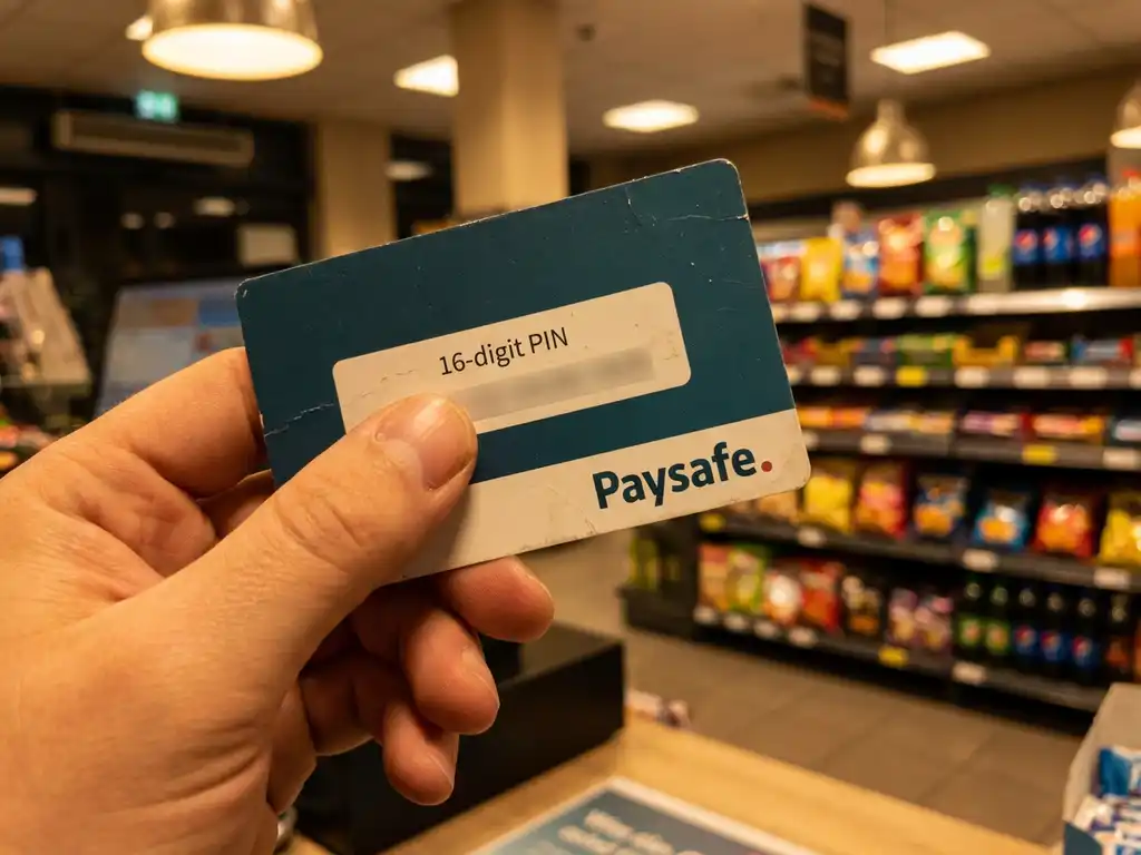 PaysafeCard-Gutschein in der Hand an einer Kiosk-Kasse, bunte Produktregal im Hintergrund unscharf.