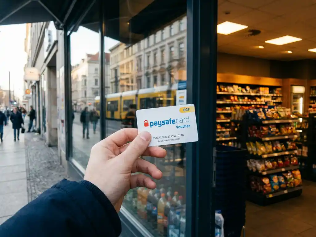 PaysafeCard-Gutschein in der Hand vor einem Convenience-Store in einer belebten deutschen Innenstadt.