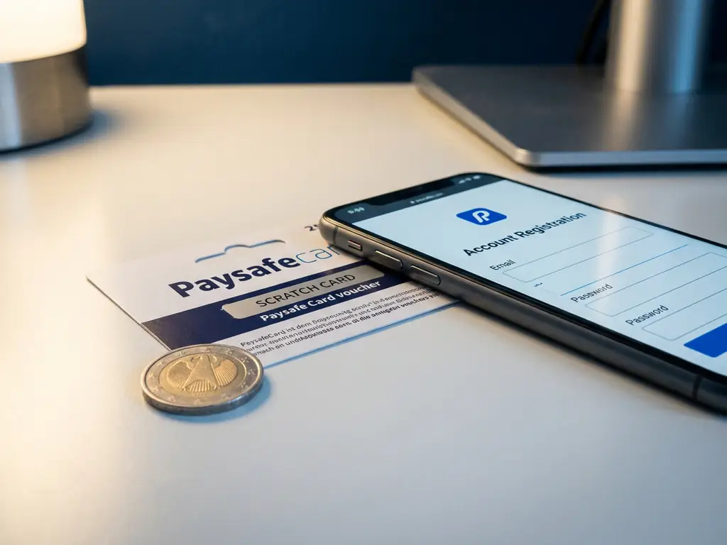 PaysafeCard-Gutschein auf weißem Schreibtisch neben Smartphone mit Registrierungsbildschirm und Euro-Münze.