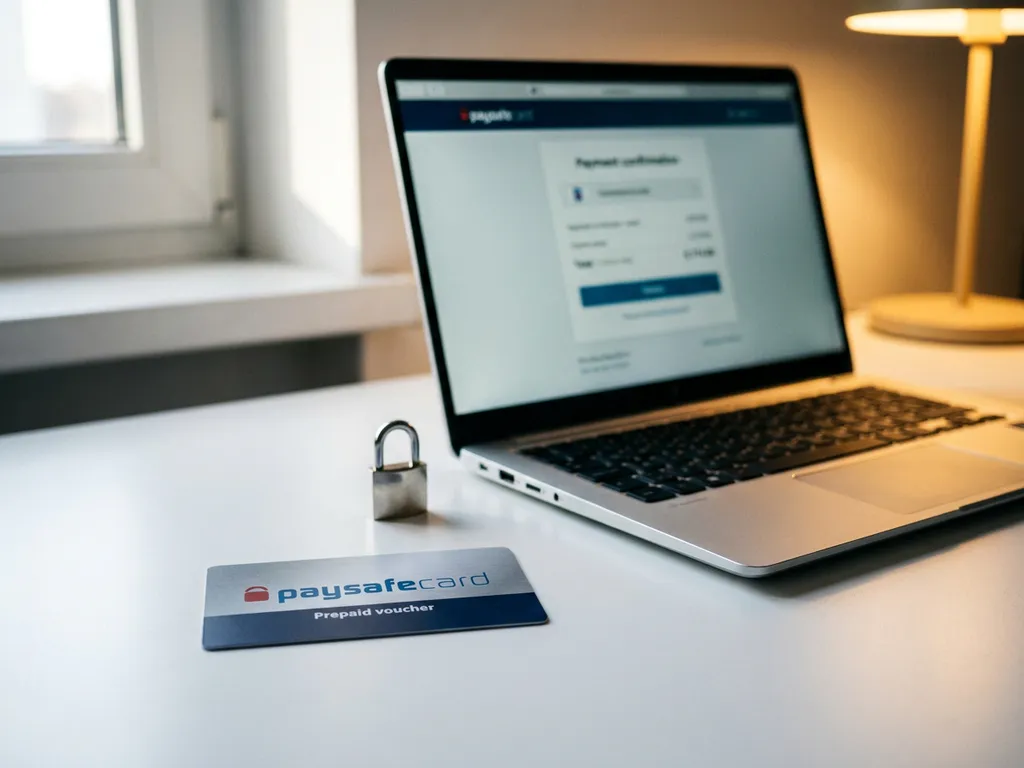 PaysafeCard-Gutschein auf weißem Schreibtisch neben Laptop und kleinem Vorhängeschloss, symbolisiert sicheres Online-Bezahlen.