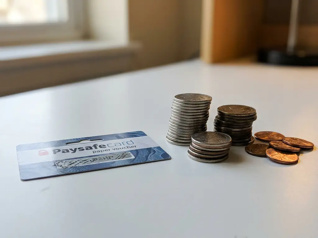 PaysafeCard-Gutschein auf weißem Schreibtisch neben drei Münzstapeln unterschiedlicher Größe im weichen Seitenlicht.