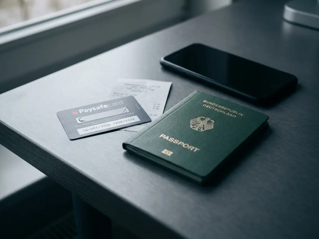 PaysafeCard-Gutschein neben deutschem Reisepass und Smartphone auf dunklem Schreibtisch für anonyme Zahlungen.