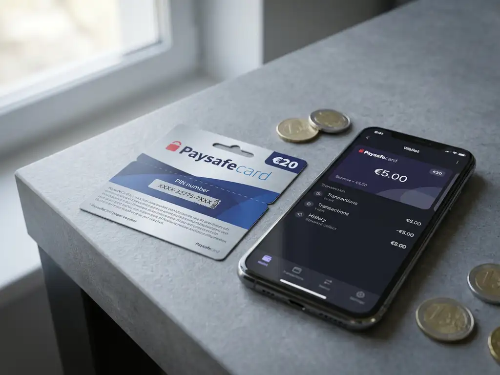 PaysafeCard-Gutschein neben einem Smartphone mit digitalem Wallet auf einem modernen Schreibtisch, Euromünzen daneben.