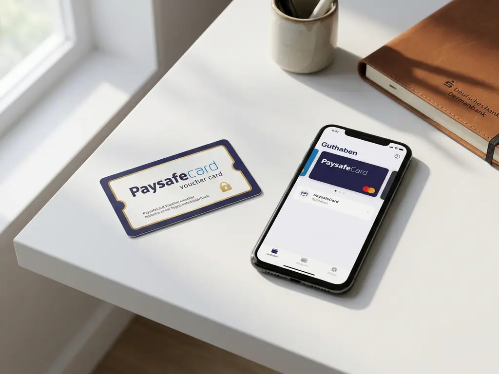 PaysafeCard-Gutscheinkarte neben Smartphone mit digitalem Wallet auf weißem Schreibtisch, natürliches Fensterlicht.