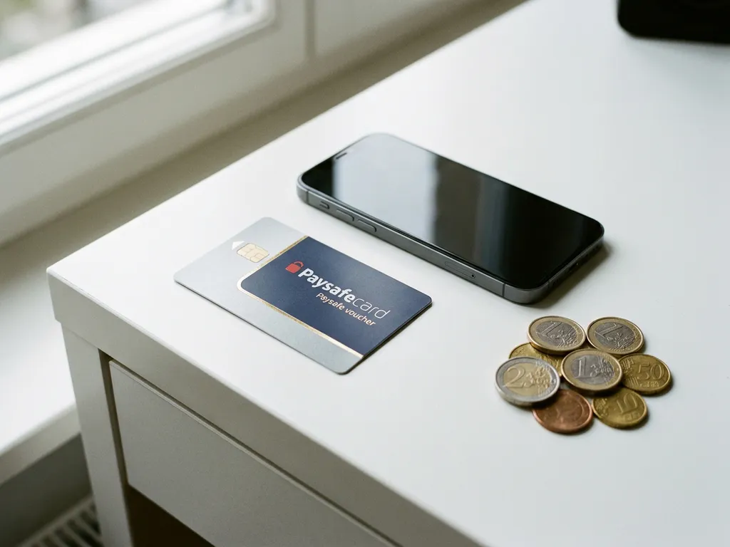 PaysafeCard-Gutschein neben einem Smartphone auf weißem Schreibtisch mit Euromünzen im Hintergrund.