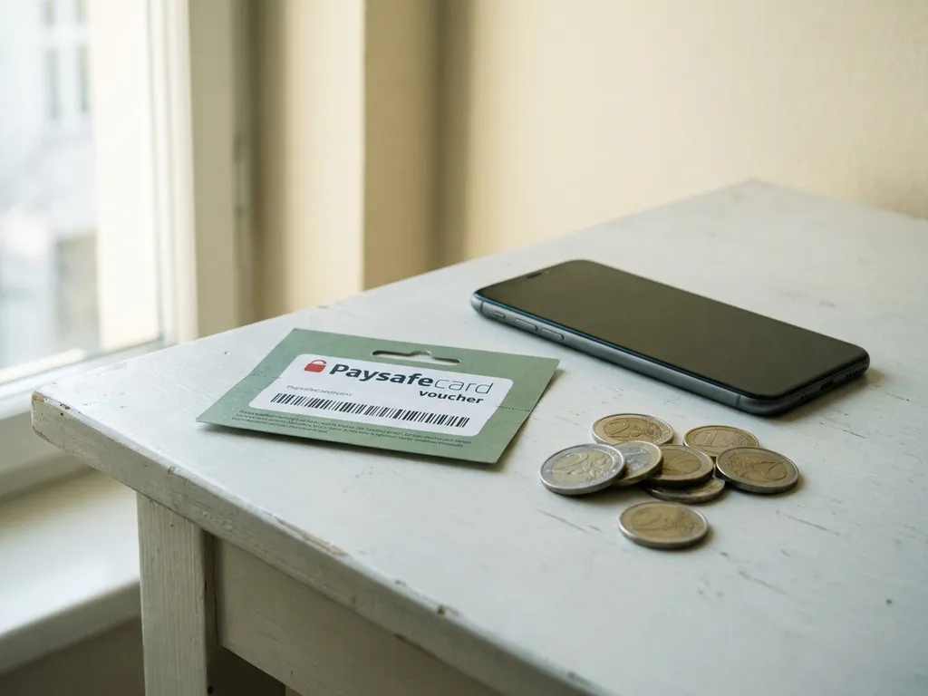 PaysafeCard-Gutschein auf weißem Schreibtisch neben Smartphone und Euromünzen im natürlichen Lichteinfall.