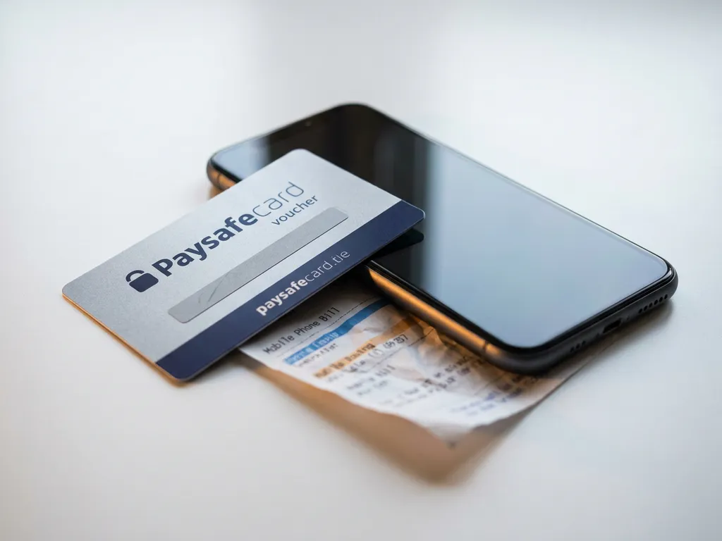 PaysafeCard-Gutschein lehnt an einem Smartphone, darunter eine zerknitterte Handyrechnung auf weißem Schreibtisch.