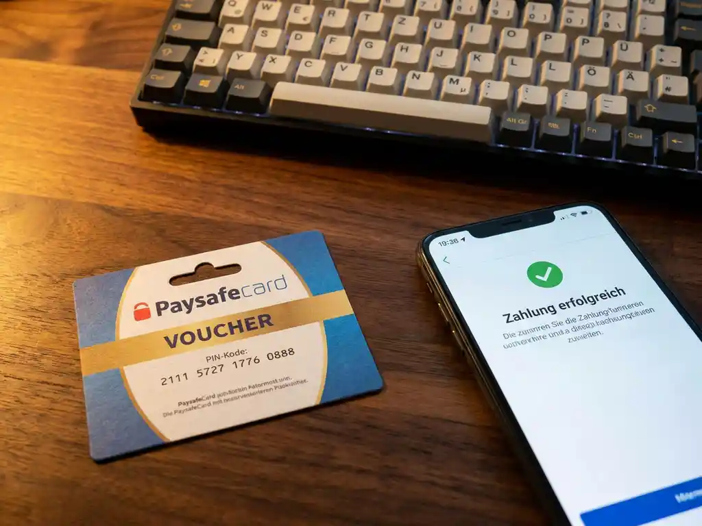 PaysafeCard-Gutschein auf dunklem Schreibtisch neben Smartphone mit Checkout-Bestätigung, deutsche Tastatur im Hintergrund.