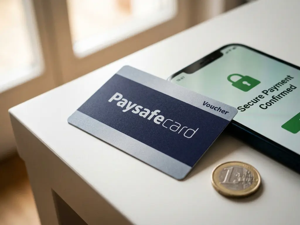 PaysafeCard-Gutschein auf weißem Schreibtisch neben Smartphone mit Zahlungsbestätigung und Euro-Münze.