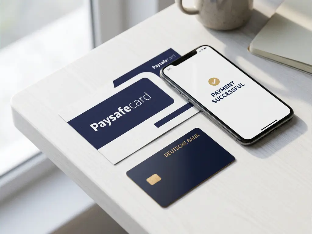 PaysafeCard-Gutschein neben einem Smartphone mit Zahlungsbestätigung und deutscher Bankkarte auf weißem Schreibtisch.