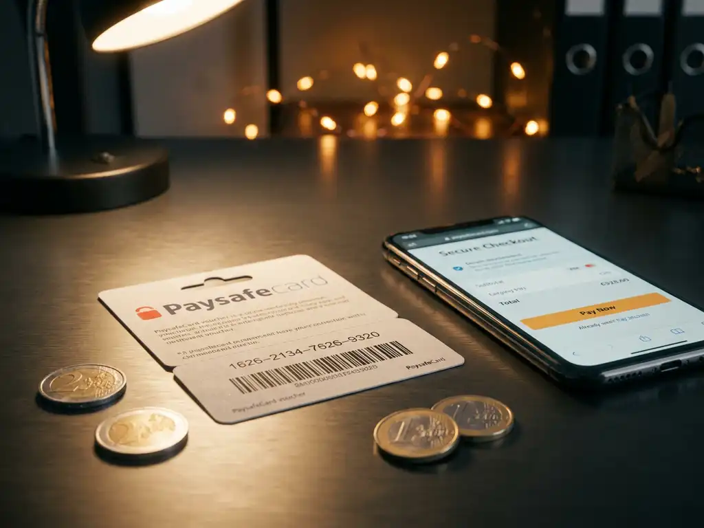 PaysafeCard-Gutschein auf dunklem Schreibtisch neben Smartphone mit sicherem Checkout und Euromünzen.