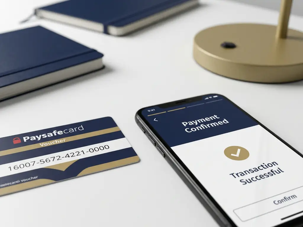 PaysafeCard-Gutschein auf weißem Schreibtisch neben Smartphone mit Zahlungsbestätigung, minimalistisches deutsches Büro-Ambiente.
