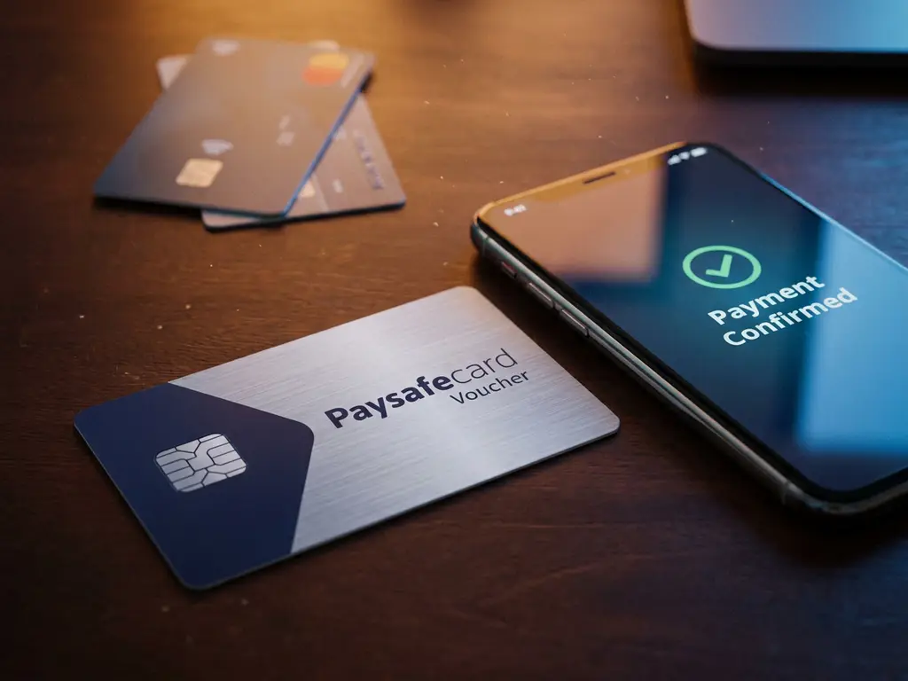 PaysafeCard-Gutschein auf dunklem Schreibtisch neben Smartphone mit Checkout-Bestätigung, Zahlungskarten im Hintergrund.