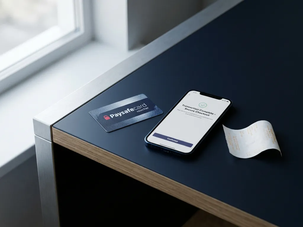 PaysafeCard-Gutschein auf modernem Schreibtisch neben Smartphone mit Zahlungsbestätigung und Kassenbon im Hintergrund.