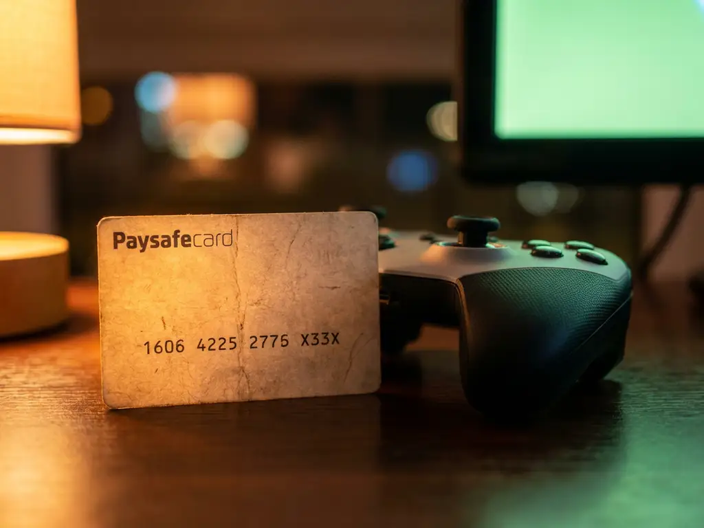 PaysafeCard-Gutschein lehnt an einem Steam-Controller auf dunklem Schreibtisch, beleuchtet von warmem Bernsteinlicht und grünem Monitorschein.