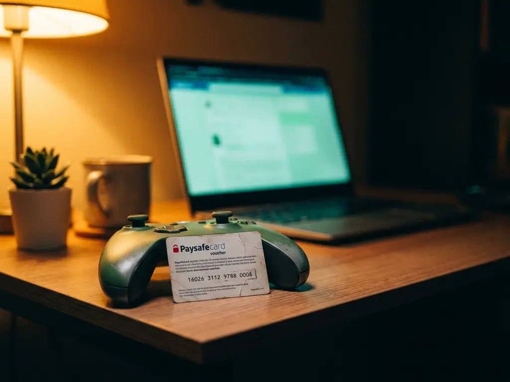 PaysafeCard-Gutschein lehnt an einem Xbox-Controller auf einem Schreibtisch, Laptop im Hintergrund, silbern-grüne Farbtöne.
