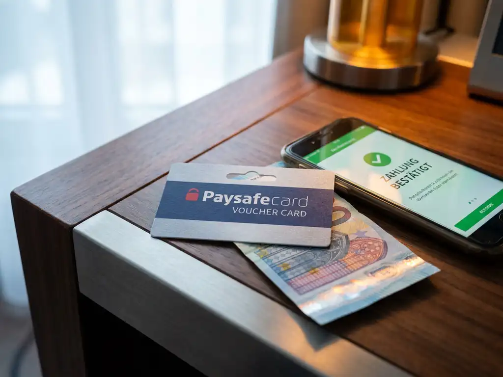PaysafeCard-Gutscheinkarte auf modernem Schreibtisch neben Smartphone mit Zahlungsbestätigung und Euro-Schein darunter.