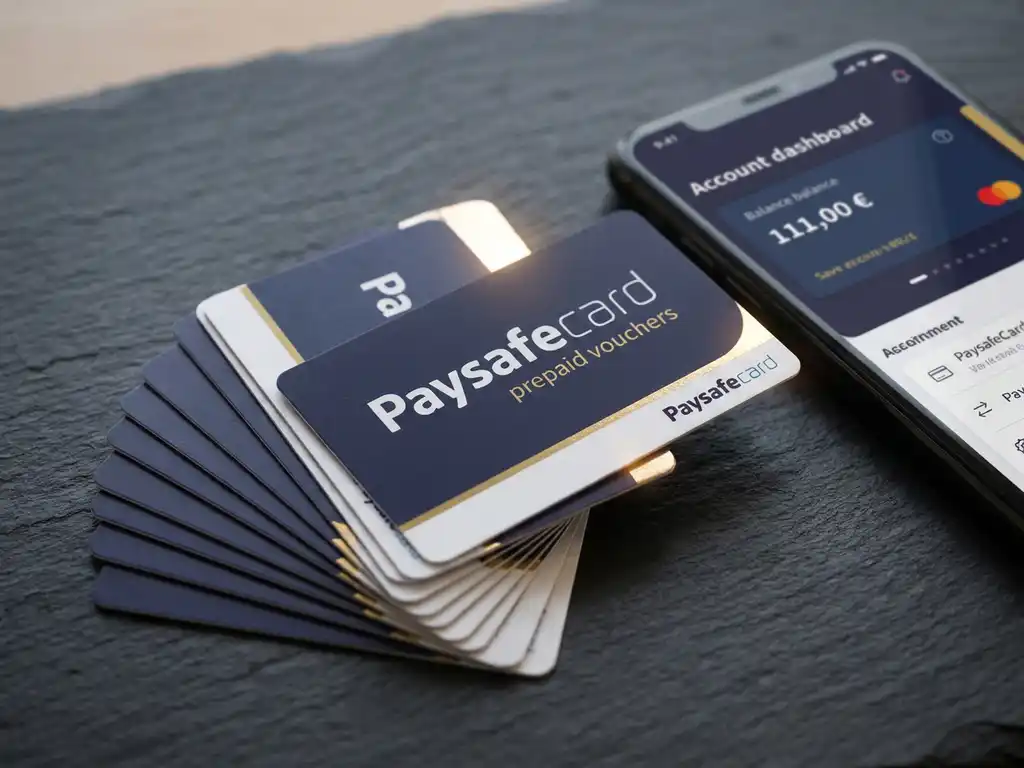 Mehrere PaysafeCard-Gutscheinkarten fächerförmig auf dunklem Schiefer, eine Karte angehoben im warmen Licht, Smartphone mit Konto-Dashboard daneben.