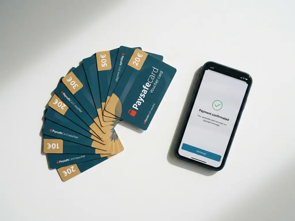 Fächer aus PaysafeCard-Gutscheinkarten in verschiedenen Denominationen auf weißem Tisch, daneben Smartphone mit Zahlungsbestätigung.