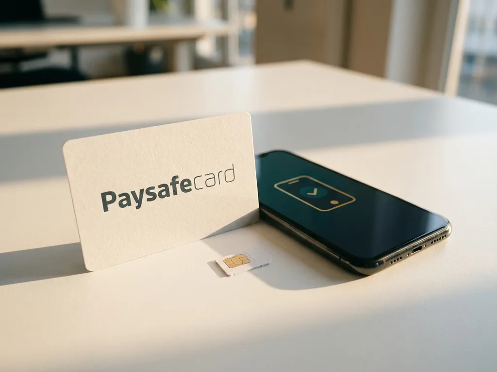 PaysafeCard-Gutschein neben Smartphone mit Zahlungsbestätigung und deutscher SIM-Karte auf weißem Schreibtisch.
