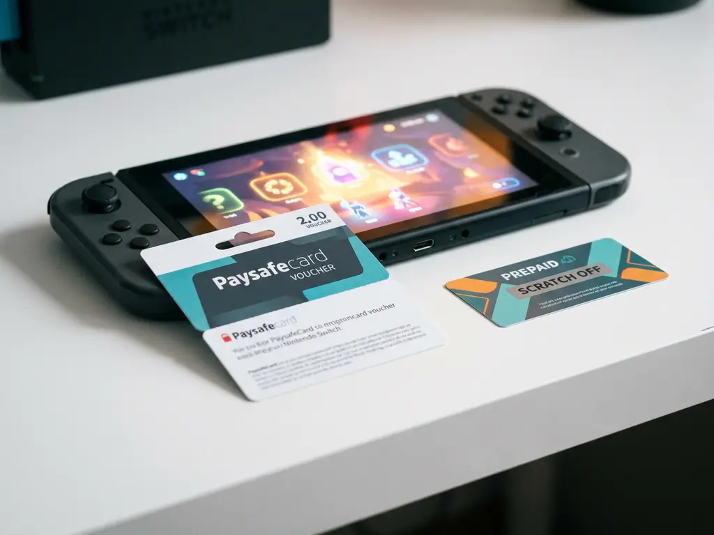 PaysafeCard-Gutschein neben einer Nintendo Switch auf weißem Schreibtisch, Prepaid-Karte mit Teal- und Orangeakzenten im Vordergrund.
