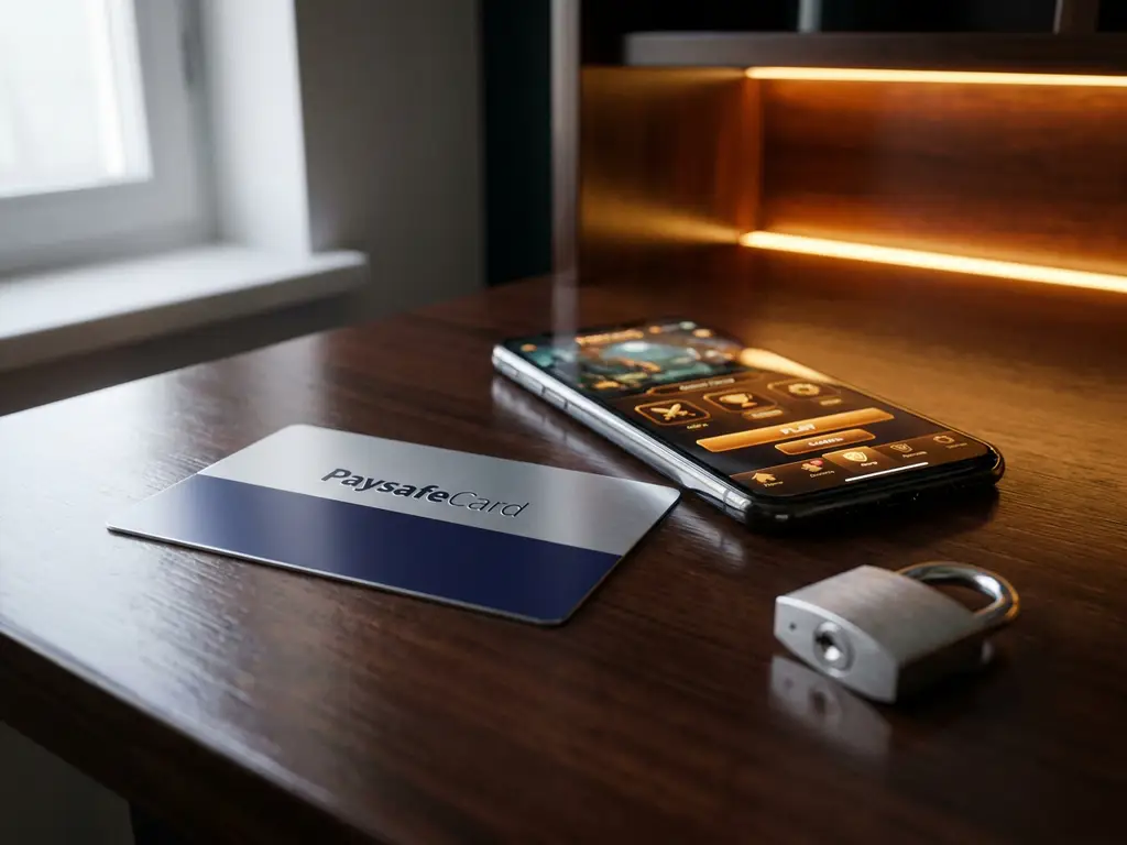 PaysafeCard-Gutschein auf dunklem Schreibtisch neben leuchtendem Smartphone mit Gaming-Interface und kleinem Vorhängeschloss.