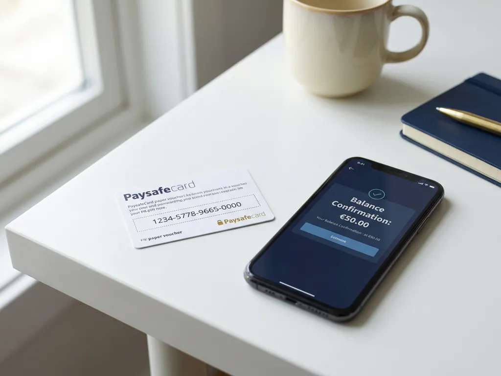 PaysafeCard PIN-Gutschein auf weißem Schreibtisch neben Smartphone mit Kontostandsbestätigung, natürliches Fensterlicht.