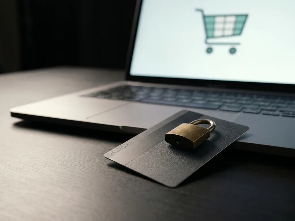 Paysafecard-Prepaid-Gutschein mit Vorhängeschloss auf dunklem Schreibtisch, Laptop mit Online-Warenkorb im Hintergrund.