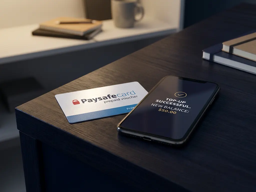 PaysafeCard Prepaid-Gutschein auf dunklem Schreibtisch neben Smartphone mit Auflade-Bestätigung, modernes minimalistisches Setting.