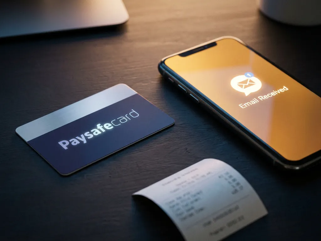 Leuchtende PaysafeCard-Prepaidkarte auf dunklem Schreibtisch neben Smartphone mit E-Mail-Benachrichtigung und Kassenbon.