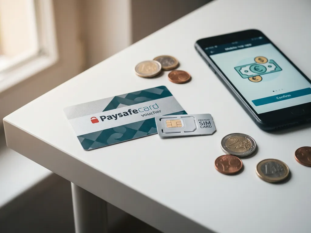 Paysafecard-Gutschein und Prepaid-SIM-Karte auf weißem Schreibtisch, Smartphone mit Mobile-Top-up-Bildschirm und Euromünzen daneben.