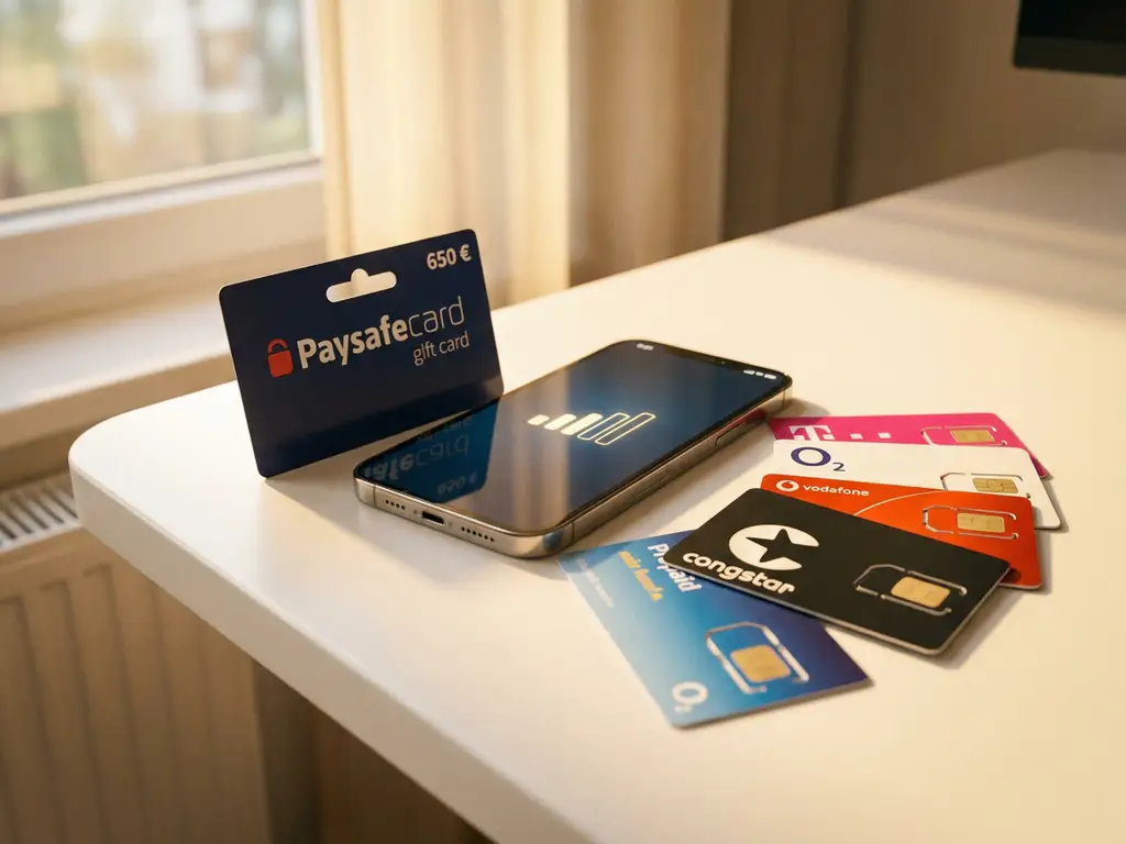 PaysafeCard-Gutschein neben einem Smartphone mit deutschen Prepaid-SIM-Karten auf weißem Tisch, goldenes Licht, flache Schärfentiefe.