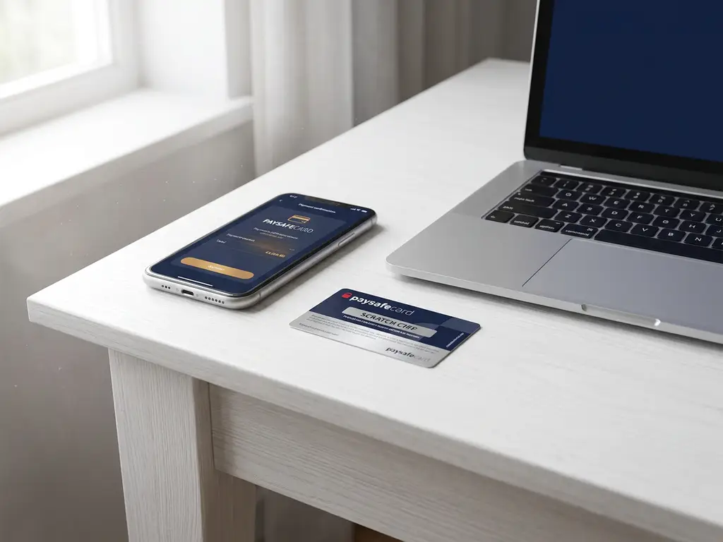 Smartphone mit PaysafeCard-Zahlungsbildschirm neben Laptop und physischer Prepaid-Karte auf weißem Schreibtisch.