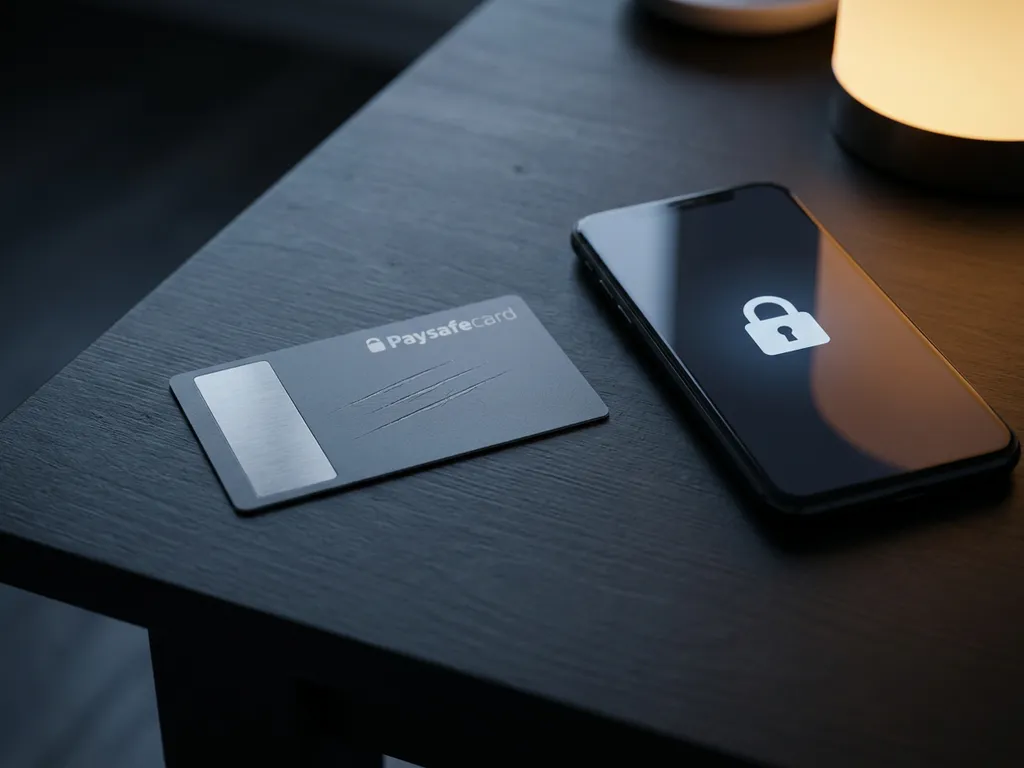 PaysafeCard-Gutschein mit Kratzspuren auf dunklem Schreibtisch, daneben Smartphone mit Schloss-Symbol – Sicherheitskonzept.