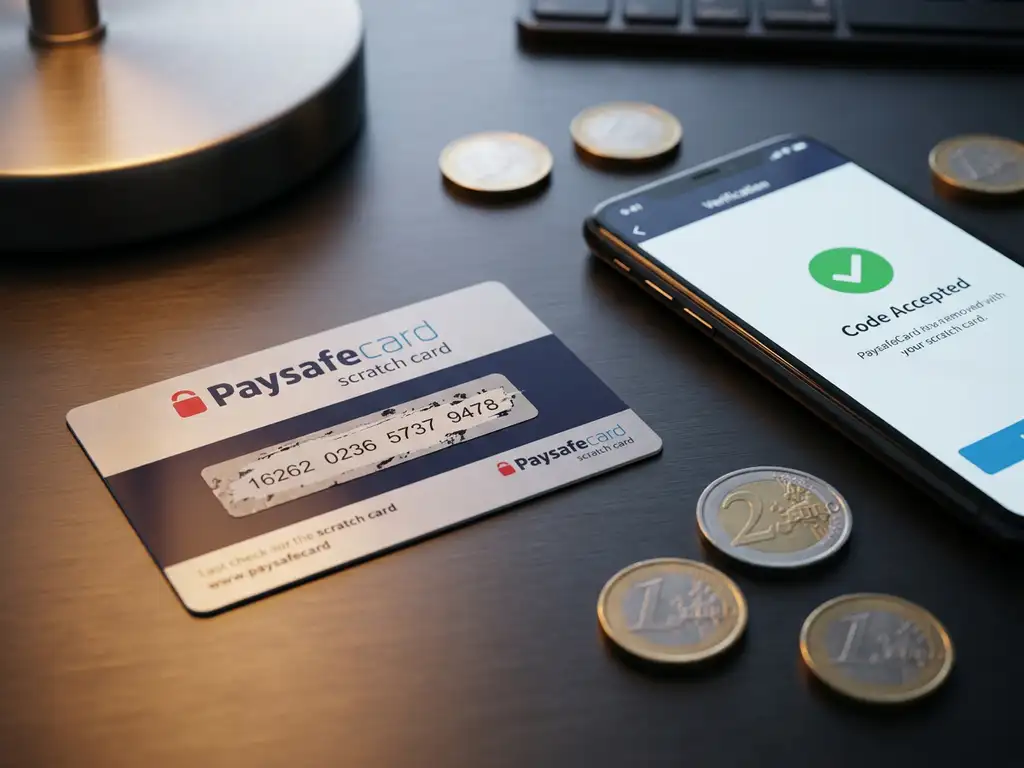 PaysafeCard Guthabenkarte auf dunklem Schreibtisch neben Smartphone mit Verifizierungsbildschirm und Euromünzen.