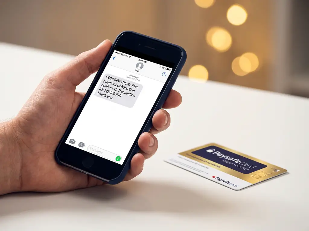 Hand hält Smartphone mit SMS-Bestätigungsbildschirm, daneben eine PaysafeCard-Gutscheinkarte auf weißem Schreibtisch.