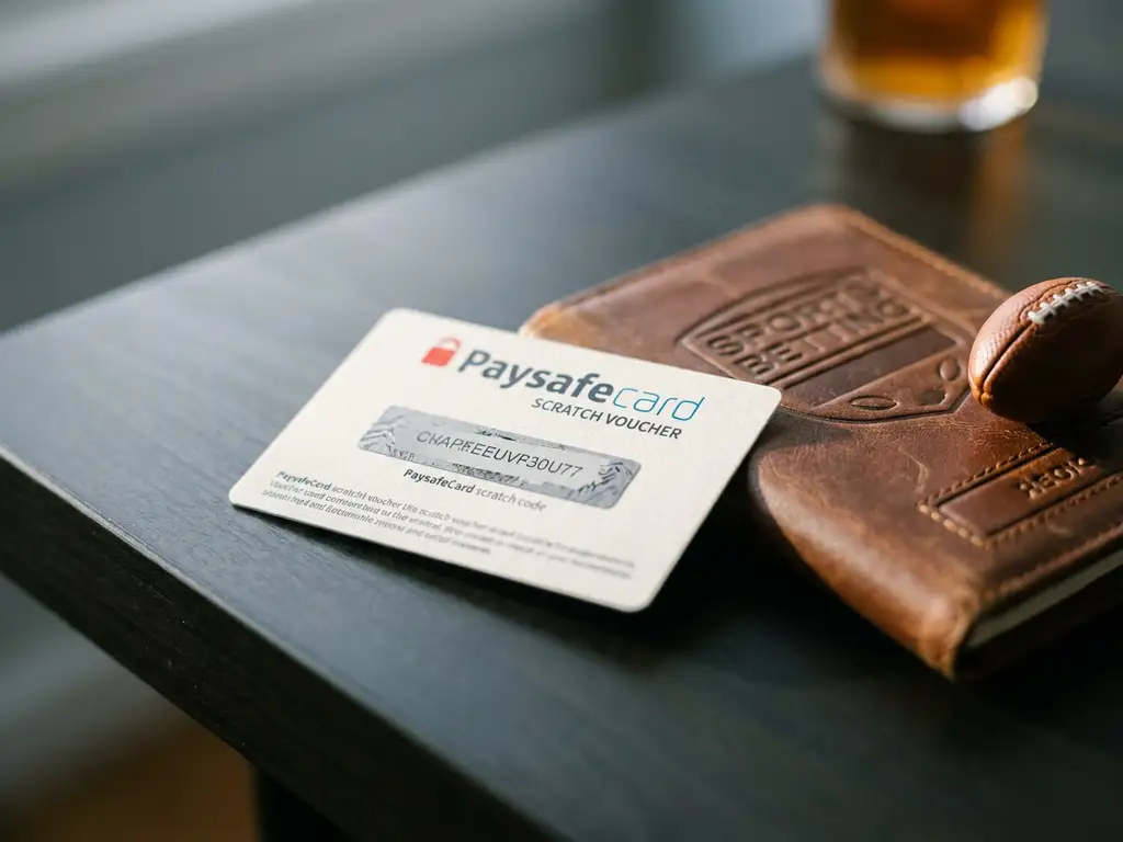 PaysafeCard-Gutschein auf dunklem Schreibtisch neben Lederwettschein und Fußball, Nahaufnahme mit flacher Schärfentiefe.