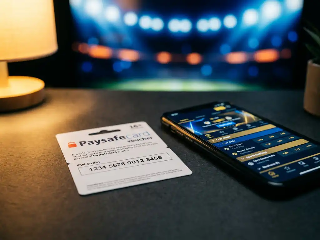 PaysafeCard-Gutschein mit sichtbarem PIN-Code auf dunklem Schreibtisch neben Smartphone mit Sportwetten-App, Stadionlichter im Hintergrund.