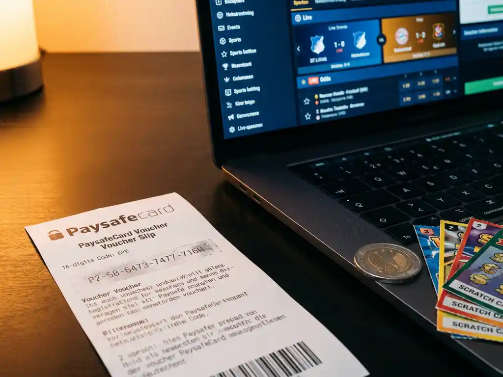 PaysafeCard-Gutschein neben Laptop mit Sportwetten-Interface, Euro-Münze und Prepaid-Karten auf dunklem Schreibtisch.